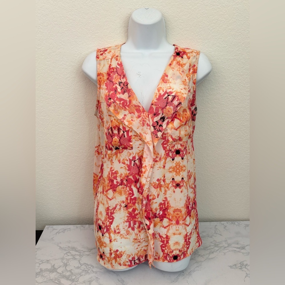 APT 9 Sleeveless Ruffle Top Women’s S Pullover Orange Pink Blouse V Neck​​